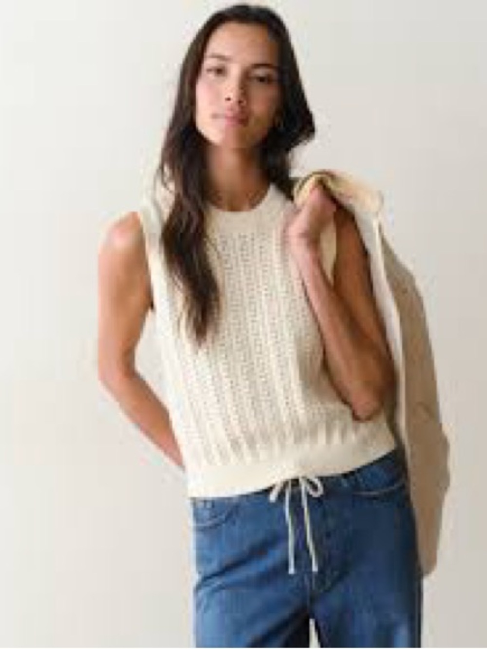 Sleeveless Knit Drawstring Tank Top - Cream